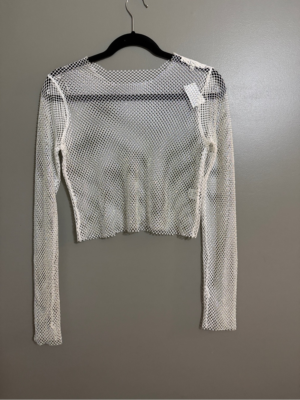 White Long-Sleeve Mesh Fishnet Crop Top